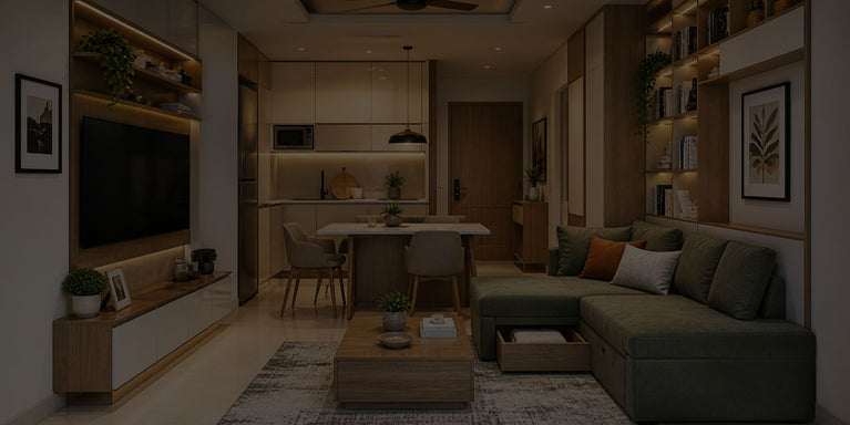 Modern living room with a sectional sofa, coffee table, and kitchen in the background.