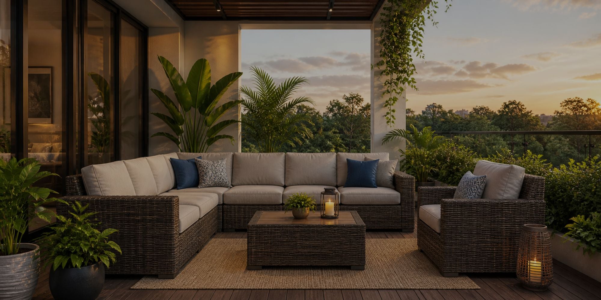 Cozy sunset terrace with lush greenery