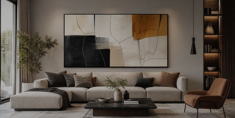 Modern minimalist living room with clean lines, neutral tones, and sleek contemporary furniture