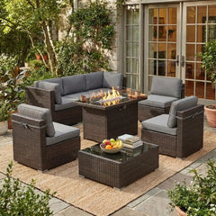 8-Piece Patio Furniture Set with Fire Pit Table & Wicker Sectional Sofa
