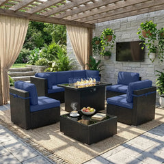 8-Piece Patio Furniture Set with Fire Pit Table & Wicker Sectional Sofa