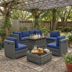 8-Piece Patio Furniture Set with Fire Pit Table & Wicker Sectional Sofa