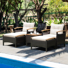 5-Piece Patio Rattan Furniture Set with Ottoman & Wood Top Table