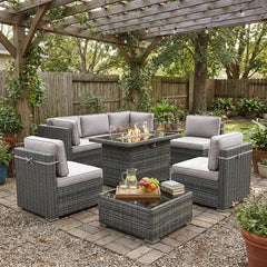 8-Piece Patio Furniture Set with Fire Pit Table & Wicker Sectional Sofa
