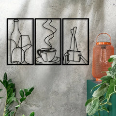 Set of 3 Minimalist Metal Wall Art – Book & Coffee Lover Line Decor