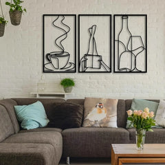 Set of 3 Minimalist Metal Wall Art – Book & Coffee Lover Line Decor