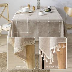 Grey Cotton Linen Embroidery Tassel Square Tablecloth