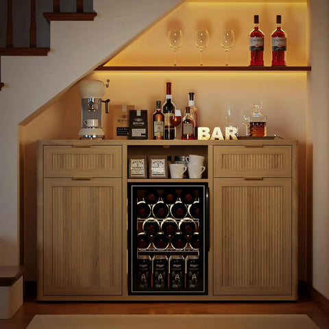 Wine Bar Cabinet with Mini Fridge Space & Hidden Trash Storage