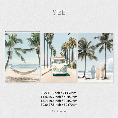 Set of 3 Tropical Surfboard Beach Canvas Wall Art – California Coastal Prints