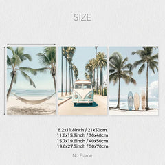 Set of 3 Tropical Surfboard Beach Canvas Wall Art – California Coastal Prints