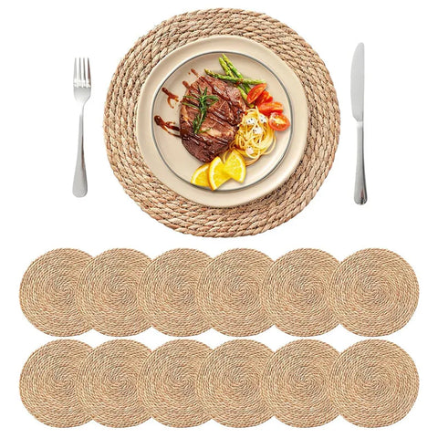 Boho Round Woven Rattan Placemats Set (4/8/12pcs, 12 Inch)