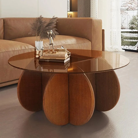Modern Round Glass Coffee Table with Solid Wood Legs