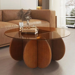 Modern Round Glass Coffee Table with Solid Wood Legs