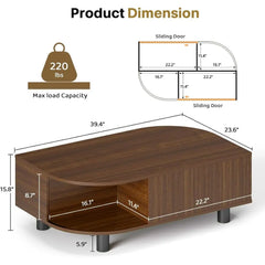 Mid-Century Leaf Coffee Table with Hidden Storage & Sliding Door