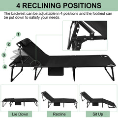Portable Folding Camping Cot with 3-Position Reclining & Pillow