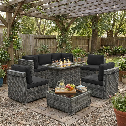 8-Piece Patio Furniture Set with Fire Pit Table & Wicker Sectional Sofa