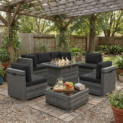 8-Piece Patio Furniture Set with Fire Pit Table & Wicker Sectional Sofa