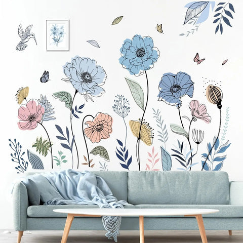 Blue Boho Floral Butterfly Wall Stickers – Peel & Stick Decor Decals