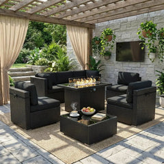 8-Piece Patio Furniture Set with Fire Pit Table & Wicker Sectional Sofa