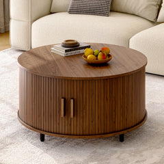 31.5" Round Coffee Table with 360° Sliding Storage Door