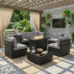 8-Piece Patio Furniture Set with Fire Pit Table & Wicker Sectional Sofa