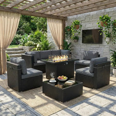 8-Piece Patio Furniture Set with Fire Pit Table & Wicker Sectional Sofa