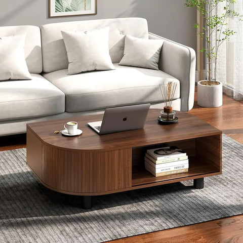 Mid-Century Leaf Coffee Table with Hidden Storage & Sliding Door