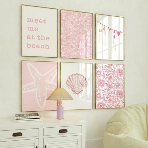 Pink Beach Quote Canvas Wall Art – Summer Coastal Poster Set (1/6pcs)