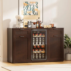 Wine Bar Cabinet with Mini Fridge Space & Hidden Trash Storage