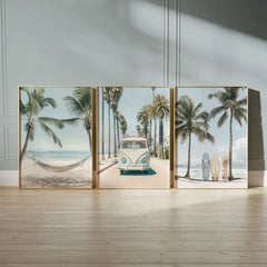 Set of 3 Tropical Surfboard Beach Canvas Wall Art – California Coastal Prints