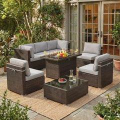 8-Piece Patio Furniture Set with Fire Pit Table & Wicker Sectional Sofa
