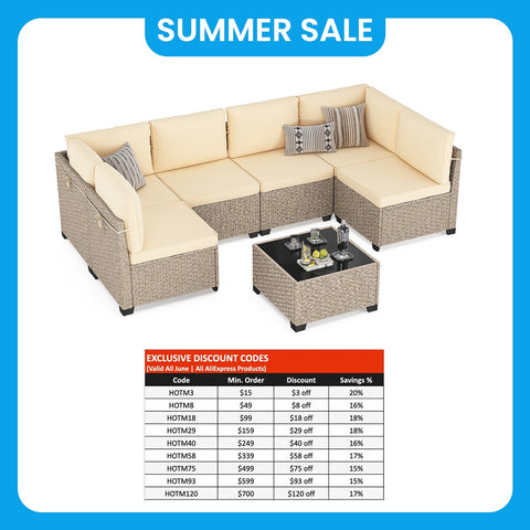 7-Piece Outdoor Rattan Patio Furniture Set with Glass Table