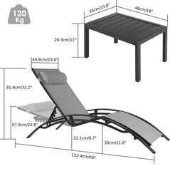 3-Piece Aluminum Lounge Chair Set with Adjustable Recliner & Table