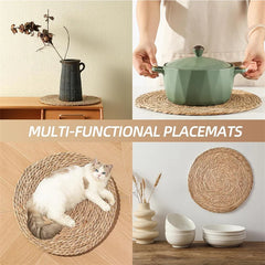 Boho Round Woven Rattan Placemats Set (4/8/12pcs, 12 Inch)