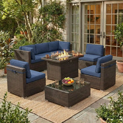 8-Piece Patio Furniture Set with Fire Pit Table & Wicker Sectional Sofa