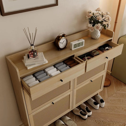 Rattan Shoe Cabinet with 4 Flip Drawers & 2 Storage Drawers