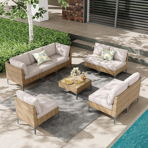 9-Piece Outdoor Wicker Sectional Sofa Set with Coffee Table & Cushions