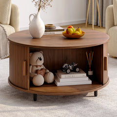 31.5" Round Coffee Table with 360° Sliding Storage Door
