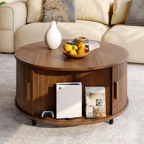 31.5" Round Coffee Table with 360° Sliding Storage Door