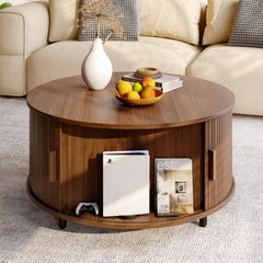 31.5" Round Coffee Table with 360° Sliding Storage Door