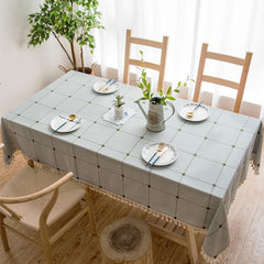 Grey Cotton Linen Embroidery Tassel Square Tablecloth