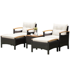 5-Piece Patio Rattan Furniture Set with Ottoman & Wood Top Table