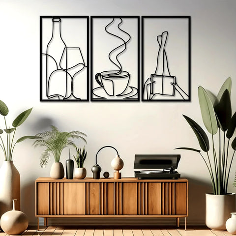 Set of 3 Minimalist Metal Wall Art – Book & Coffee Lover Line Decor