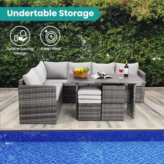 7-Piece Grey Wicker Patio Dining Set with Chairs & Ottoman