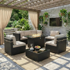 8-Piece Patio Furniture Set with Fire Pit Table & Wicker Sectional Sofa