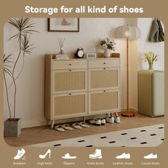 Rattan Shoe Cabinet with 4 Flip Drawers & 2 Storage Drawers