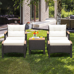 5-Piece Patio Rattan Furniture Set with Ottoman & Wood Top Table