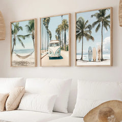 Set of 3 Tropical Surfboard Beach Canvas Wall Art – California Coastal Prints
