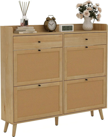 Rattan Shoe Cabinet with 4 Flip Drawers & 2 Storage Drawers