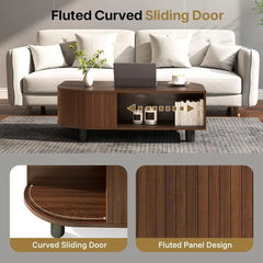 Mid-Century Leaf Coffee Table with Hidden Storage & Sliding Door